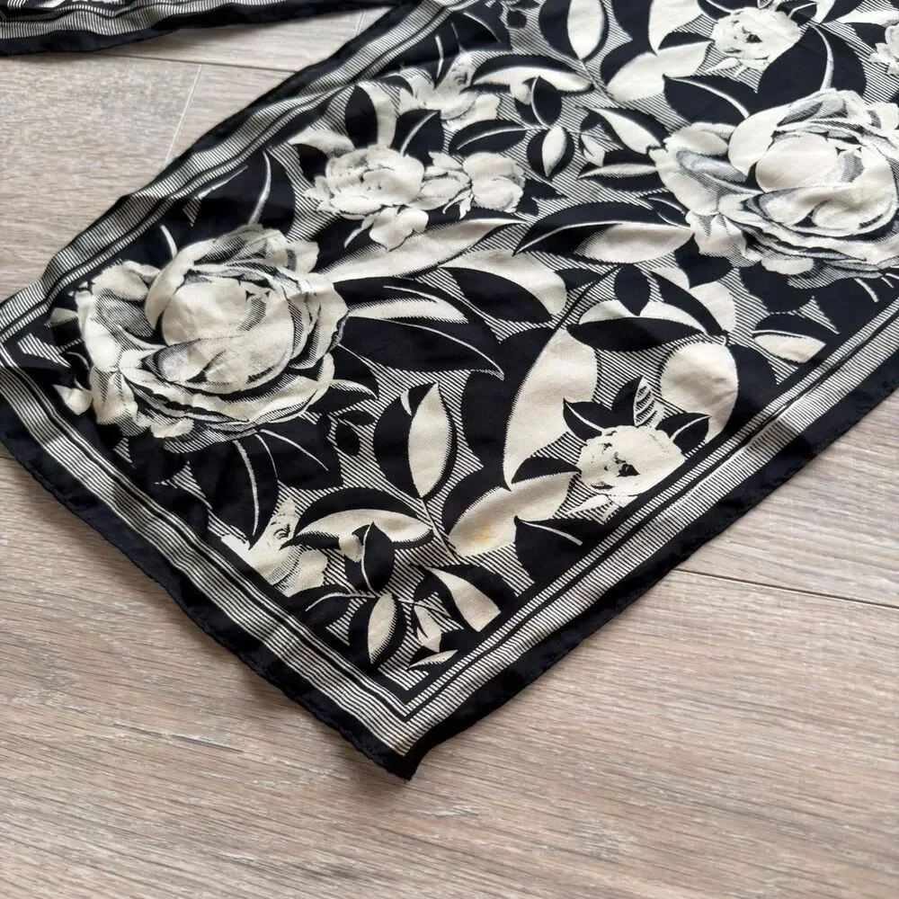 Vintage Black & Cream Floral Silk Twilly Scarf Botanical Old Money Romantic Chic